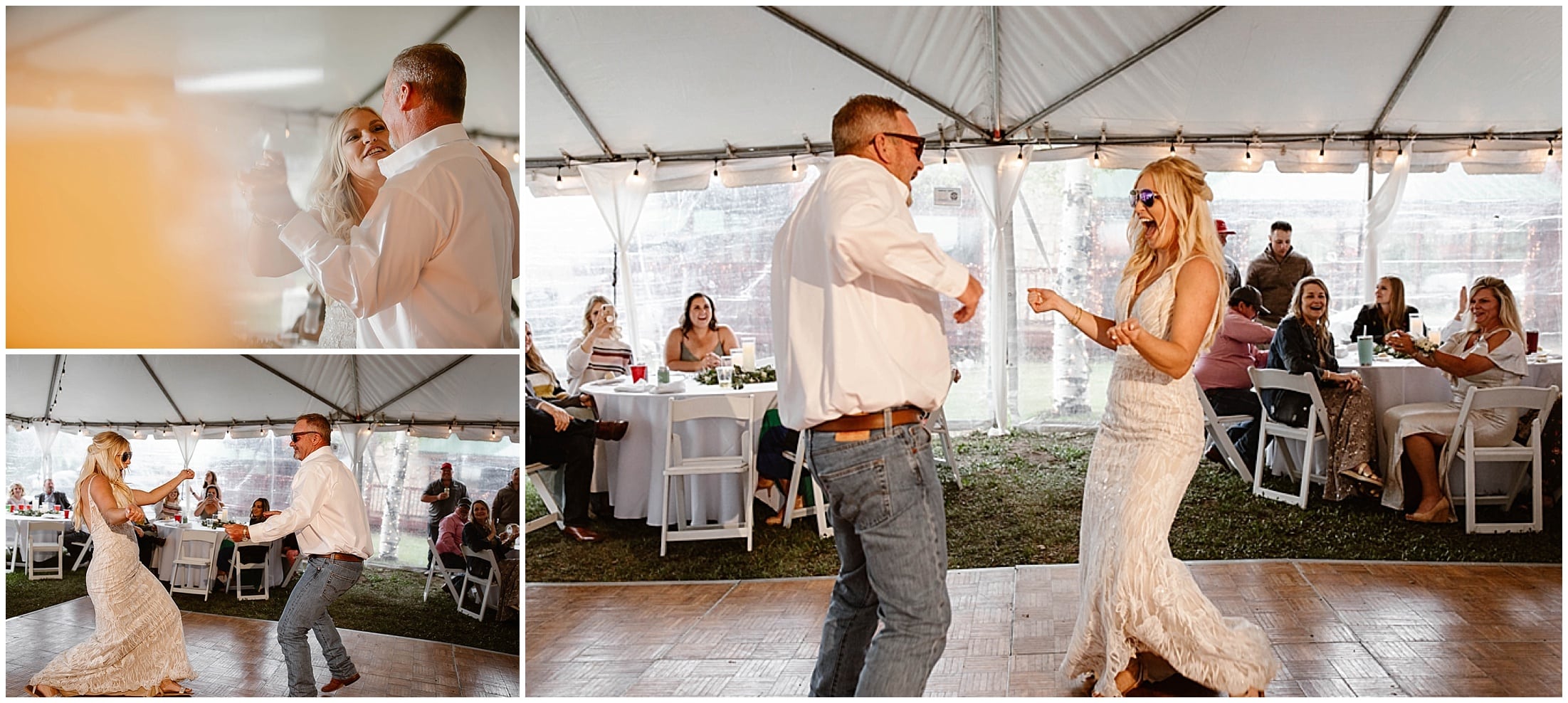 father daughter fun dance at wedding with sunglasses Aspen Lodge, Red River New Mexico, Red River New Mexico Wedding, Weddings in New Mexico, Destination mountain wedding, destination mountain elopement, elopements in new mexico, places to get married in new mexico, destination elopement photographer, mountain wedding photographer, new mexico wedding photographer, new mexico elopement photographer, brit nicole photography, cabin wedding, new mexico cabin wedding, mountain landscape for wedding, small intimate mountain wedding, small intimate river wedding, wedding photographer in new mexico, junebug weddings, the knot, wedding wire, 41 productions with lindsay gomez, dallas texas bride, DJ Allen Gallegos, Tao Cakes, New Mexico Wedding planner karen kelly, barnes jewelry, Lillian West bridal dress, Lang’s Bridal, enchanted florist wedding flowers, places to get married in texas, texas wedding photographer, texas elopement photographer, forest wedding, forest elopement, wooded area for wedding, wooded elopement, elopement in the woods, amarillo wedding photographer, amarillo elopement photographer